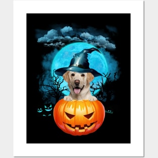 Yellow Labrador Witch Hat Pumpkin And Blue Moon Halloween Posters and Art